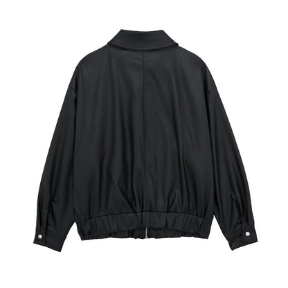 Women's Lapel Loose Faux Leather Bomber Jacket Coat image 4