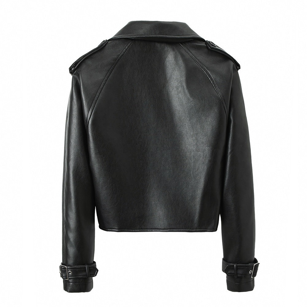 Women's Solid Color Casual Loose Fit Leather Jacket image 1