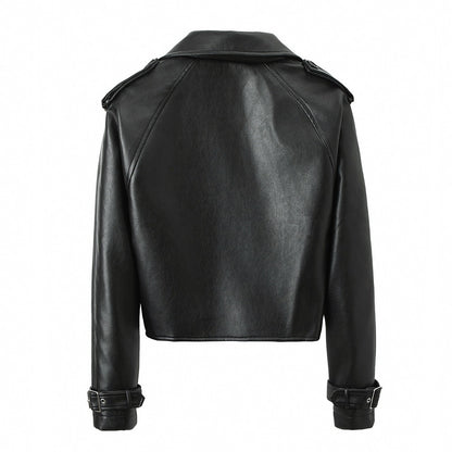 Women's Solid Color Casual Loose Fit Leather Jacket image 1