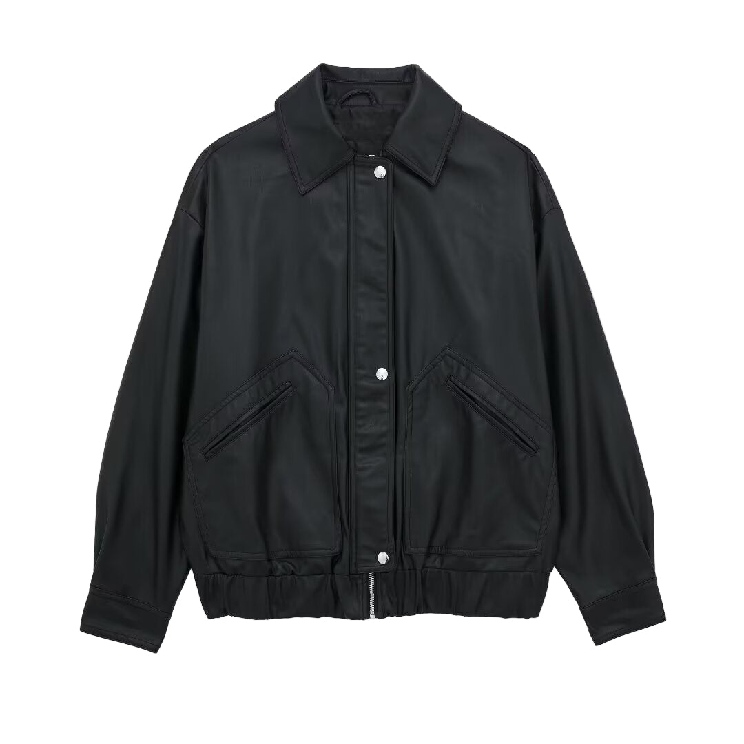 Women's Lapel Loose Faux Leather Bomber Jacket Coat image 0