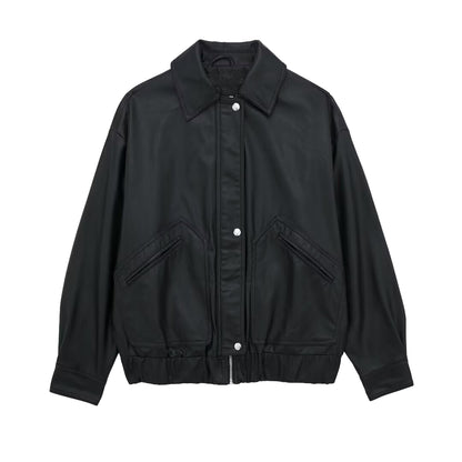 Women's Lapel Loose Faux Leather Bomber Jacket Coat image 0