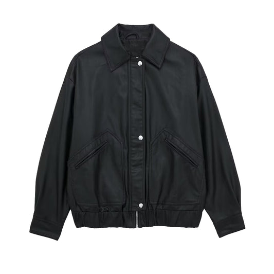 Women's Lapel Loose Faux Leather Bomber Jacket Coat image 0