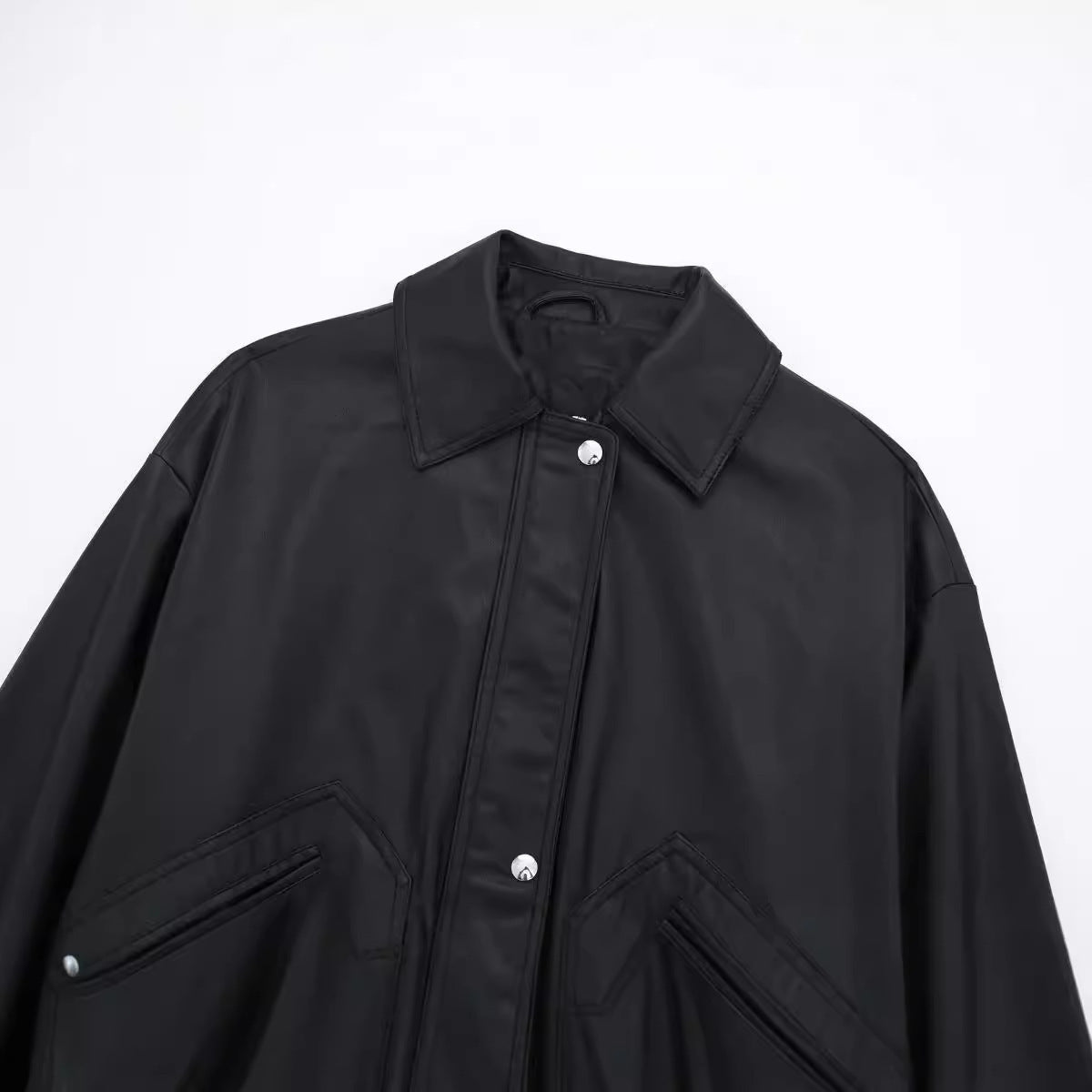 Women's Lapel Loose Faux Leather Bomber Jacket Coat image 5