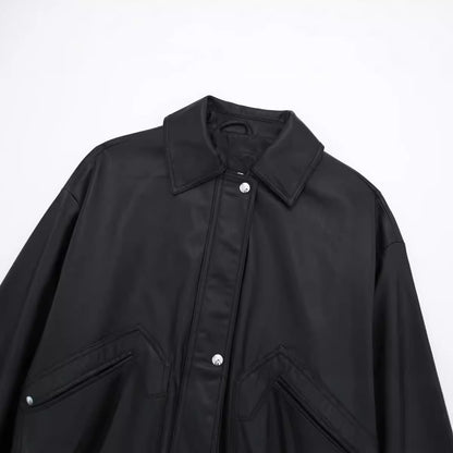 Women's Lapel Loose Faux Leather Bomber Jacket Coat image 5