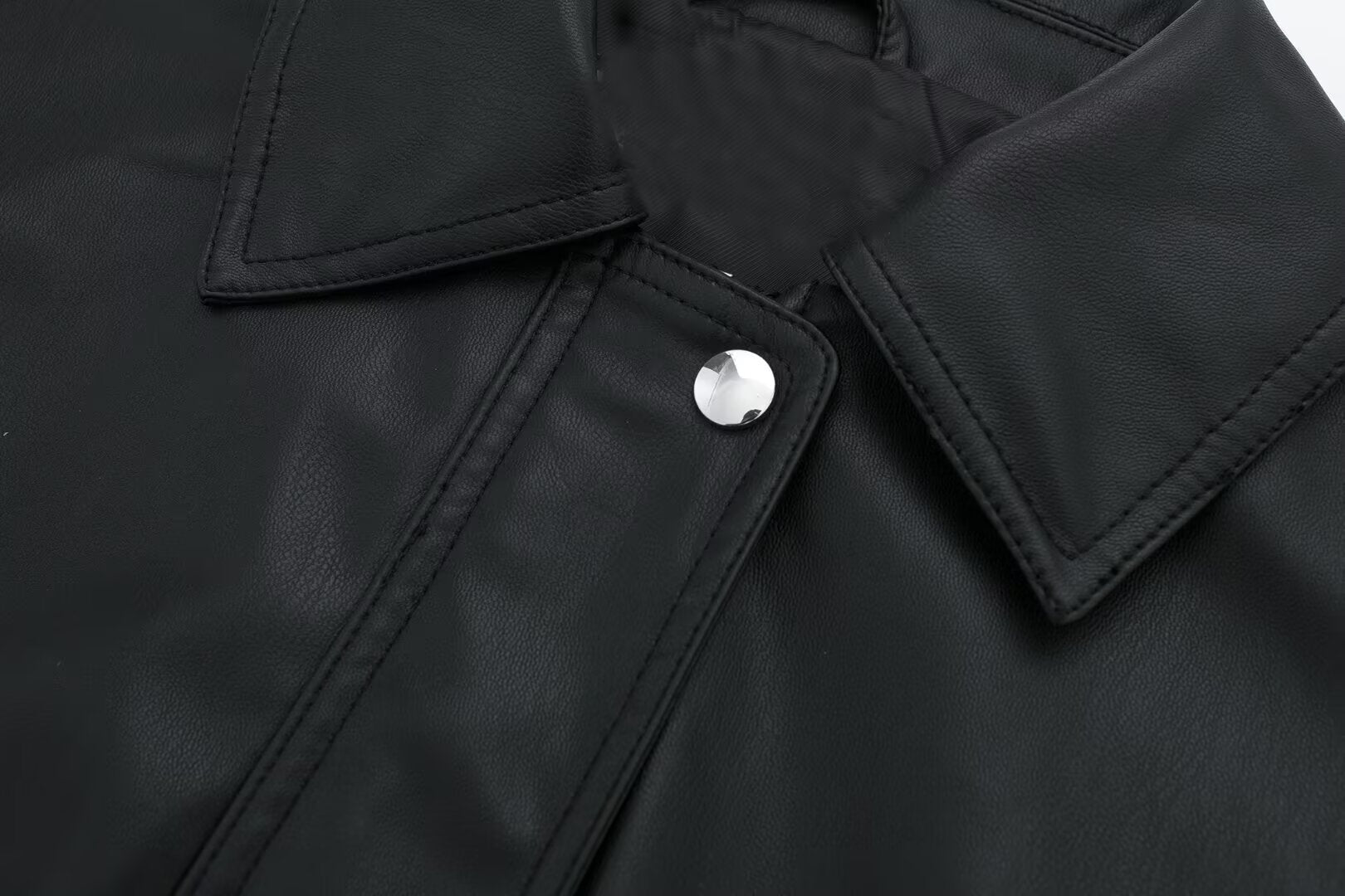 Women's Lapel Loose Faux Leather Bomber Jacket Coat image 2