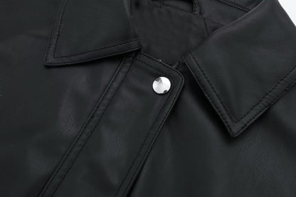 Women's Lapel Loose Faux Leather Bomber Jacket Coat image 2