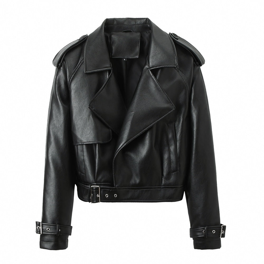 Women's Solid Color Casual Loose Fit Leather Jacket image 3