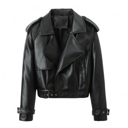Women's Solid Color Casual Loose Fit Leather Jacket image 3