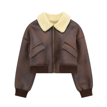 Fashionable All-match Lapel Long Sleeve Zipper Double-sided Flight Jacket - Brown, M image