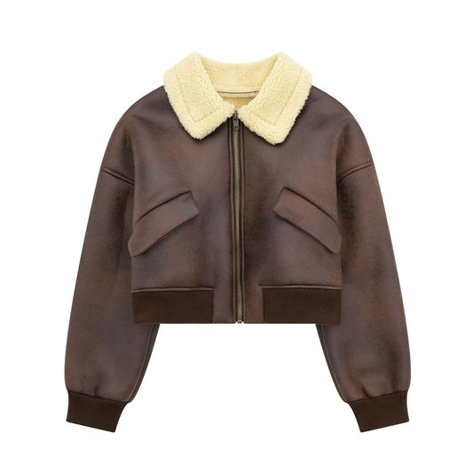 Fashionable All-match Lapel Long Sleeve Zipper Double-sided Flight Jacket - Brown, M image